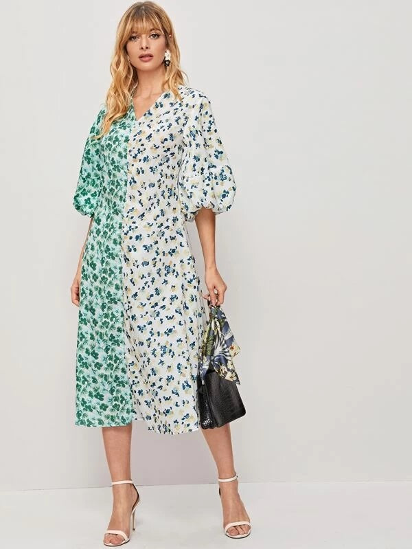CM-DS231520 Women Casual Seoul Style V-Neck Bishop Sleeve Ditsy Floral A-Line Dress