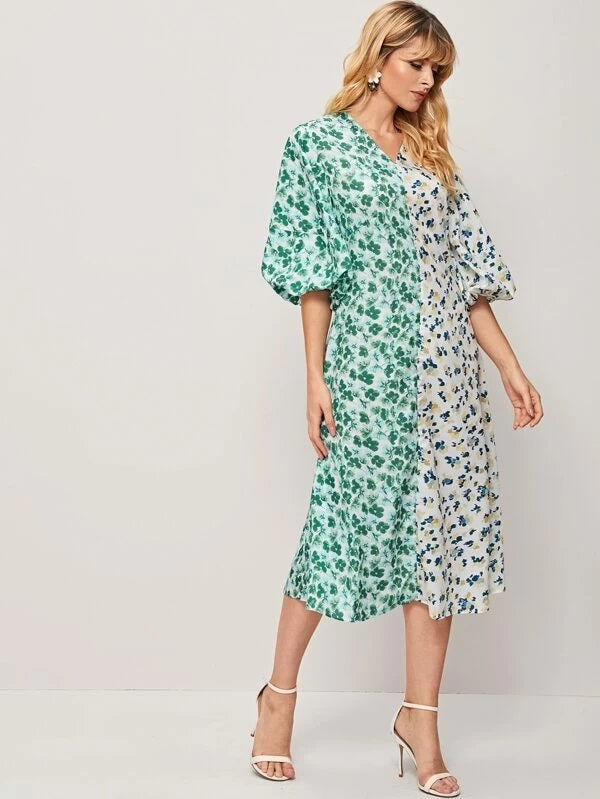 CM-DS231520 Women Casual Seoul Style V-Neck Bishop Sleeve Ditsy Floral A-Line Dress