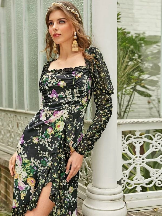 CM-DS116845 Women Elegant Seoul Style Gigot Sleeve Ruffle Hem Floral Print Short Dress - Black