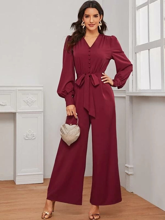 CM-JS226810 Women Elegant Seoul Style Button Detail Balloon Sleeve Wide Leg Jumpsuit - Wine Red