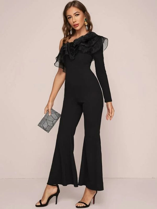 CM-JS220782 Women Elegant Seoul Style Asymmetrical Shoulder Organza Ruffle Trim Flare Leg Jumpsuit