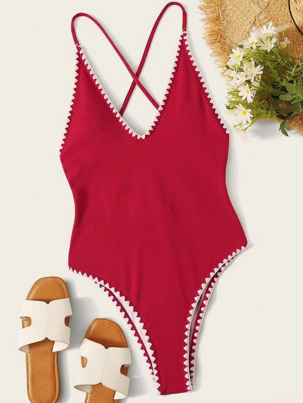 CM-SWS102914 Women Trendy Seoul Style Rib Lace-Up One Piece Swimsuit - Red