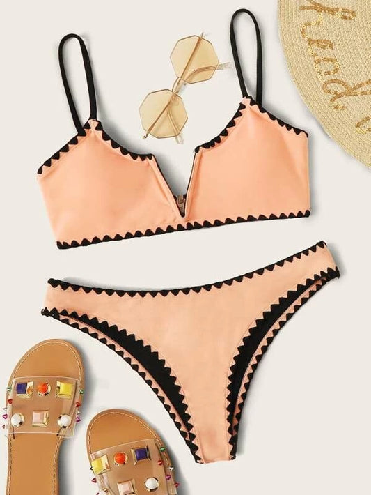 CM-SWS102084 Women Trendy Seoul Style V-Neck Wired Contrast Trim Bikini Swimsuit - Pink