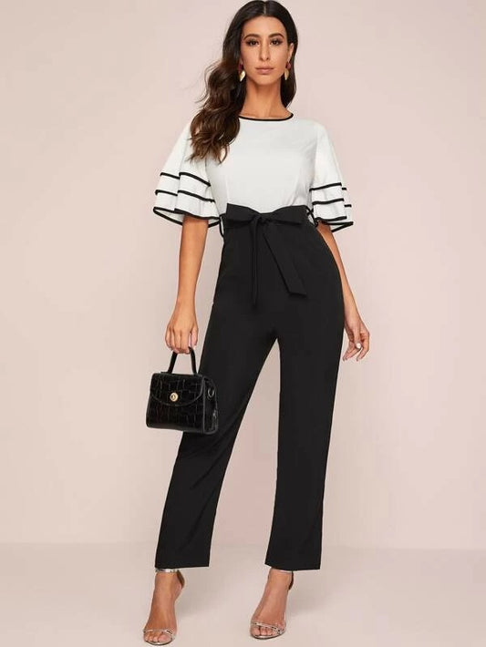 CM-JS102730 Women Casual Seoul Style Contrast Binding Layered Sleeve Belted Jumpsuit