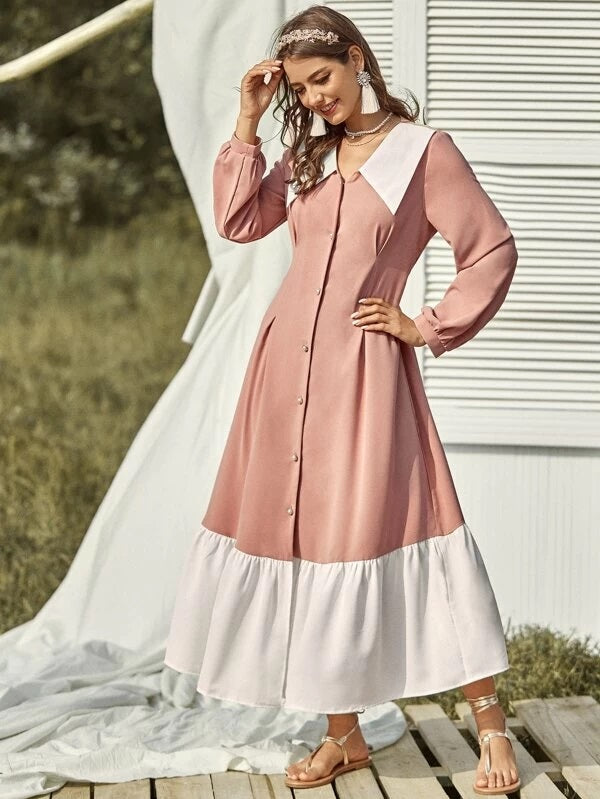 CM-DS102988 Women Casual Seoul Style Contrast Panel Pearls Button Ruffle Hem Dress - Pink