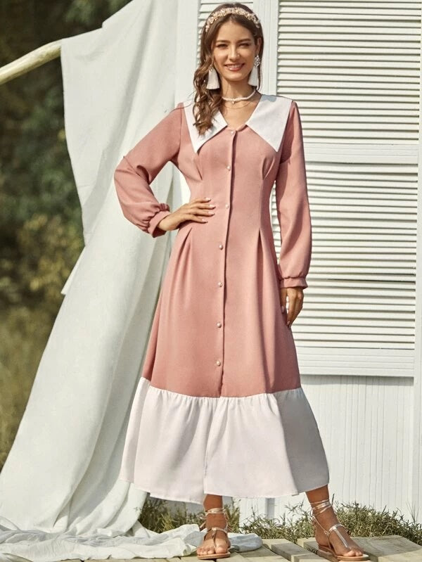 CM-DS102988 Women Casual Seoul Style Contrast Panel Pearls Button Ruffle Hem Dress - Pink