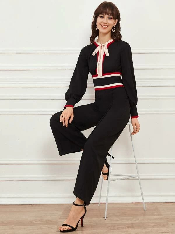 CM-JS113441 Women Trendy Seoul Style Zipper Back Tie Neck Striped Trim Button Cuff Jumpsuit