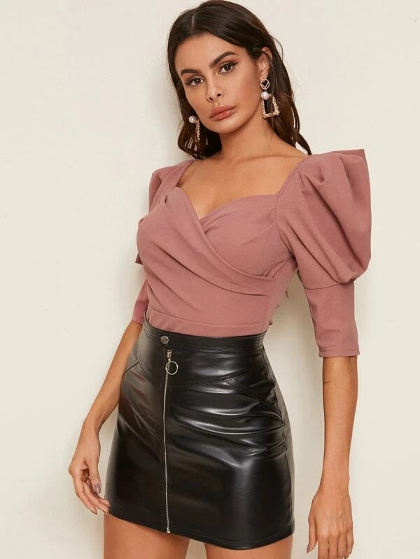 CM-TS120956 Women Elegant Seoul Style Leg-Of-Mutton Sleeve V-Neck Blouse - Dusty Pink