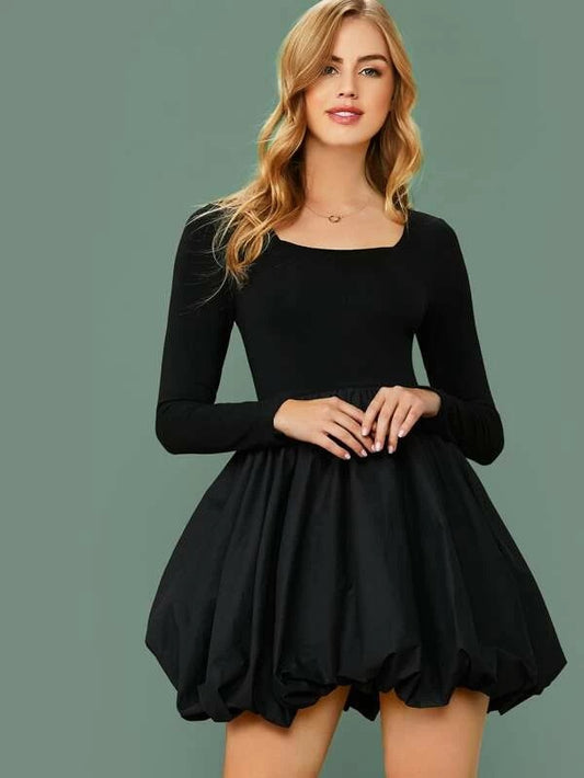CM-DS212643 Women Elegant Seoul Style Long Sleeve Mixed Media Lantern Dress - Black