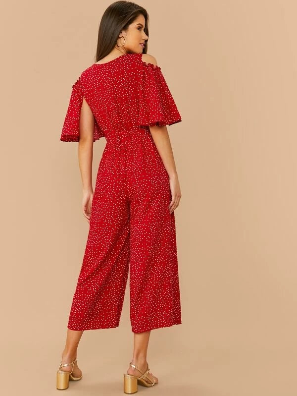 CM-JS206100 Women Trendy Seoul Style Cold Shoulder Butterfly Sleeve Dot Print Palazzo Jumpsuit