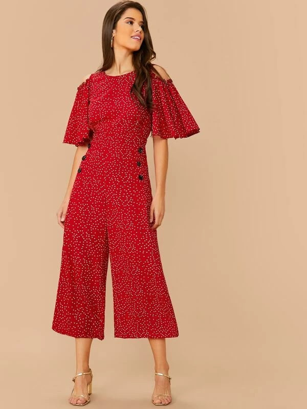 CM-JS206100 Women Trendy Seoul Style Cold Shoulder Butterfly Sleeve Dot Print Palazzo Jumpsuit