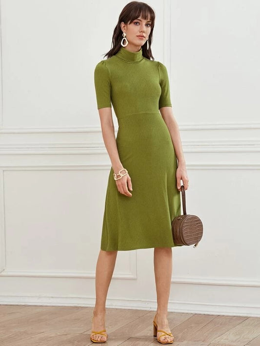 CM-DS202734 Women Trendy Seoul Style Short Sleeve Funnel Neck Rib-Knit Flare Dress - Green