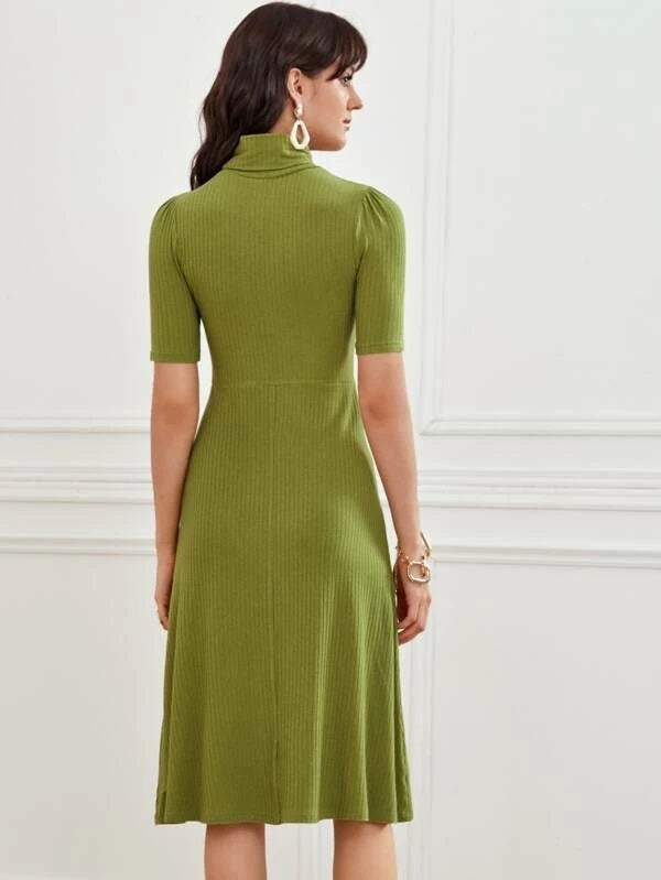 CM-DS202734 Women Trendy Seoul Style Short Sleeve Funnel Neck Rib-Knit Flare Dress - Green