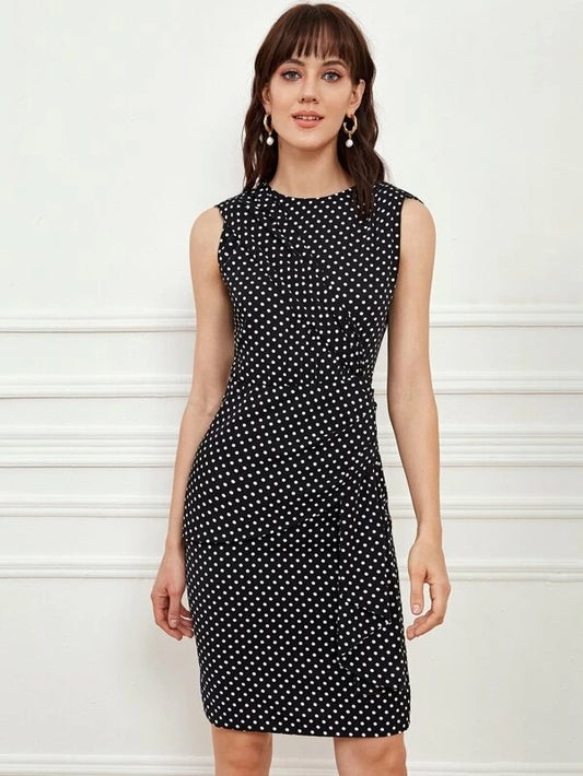 CM-DS206501 Women Elegant Seoul Style Keyhole Back Wrap Ruched Detail Polka Dot Dress - Black
