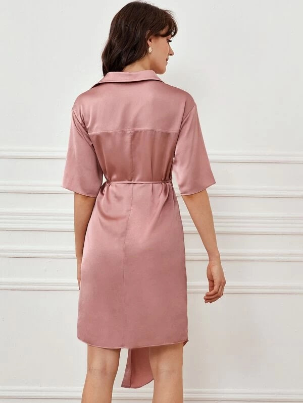 CM-DS216236 Women Casual Seoul Style Collared Wrap Tie Side Asymmetrical Hem Satin Dress - Pink