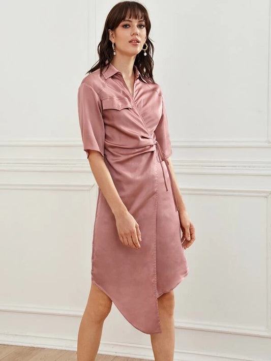 CM-DS216236 Women Casual Seoul Style Collared Wrap Tie Side Asymmetrical Hem Satin Dress - Pink