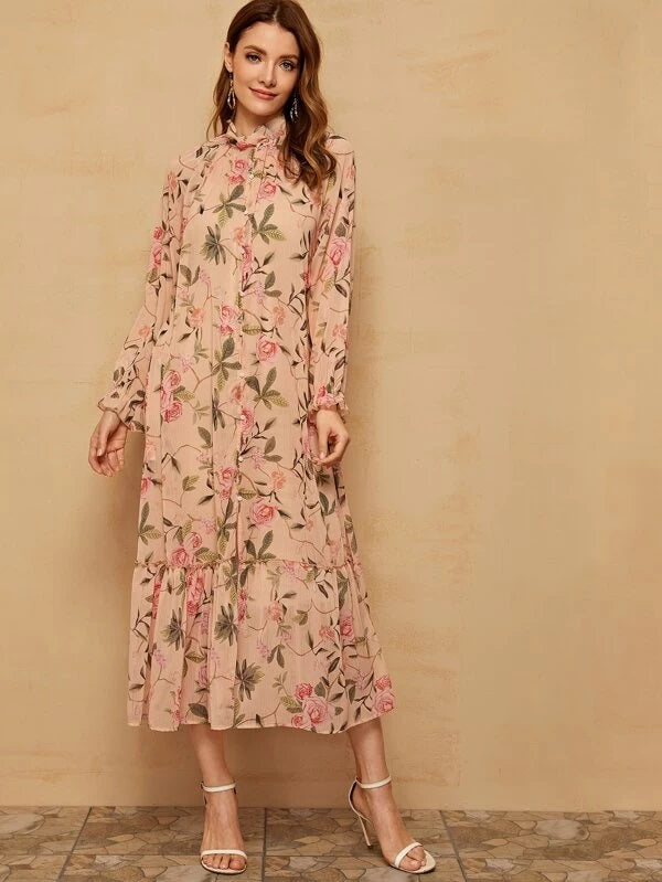 CM-DS102951 Women Elegant Seoul Style Long Sleeve Frill Neck Floral Print Ruffle Hem Dress