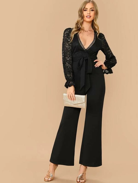 CM-JS216308 Women Elegant Seoul Style Surplice Wrap Belted Lace Bodice Jumpsuit - Black