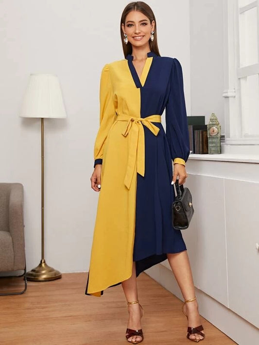 CM-DS224356 Women Elegant Seoul Style Notched Two Tone Asymmetrical Hem Belted Dress