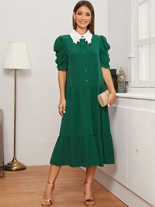 CM-DS227018 Women Casual Seoul Style Guipure Lace Collar Buttoned Front Puff Sleeve Dress - Green