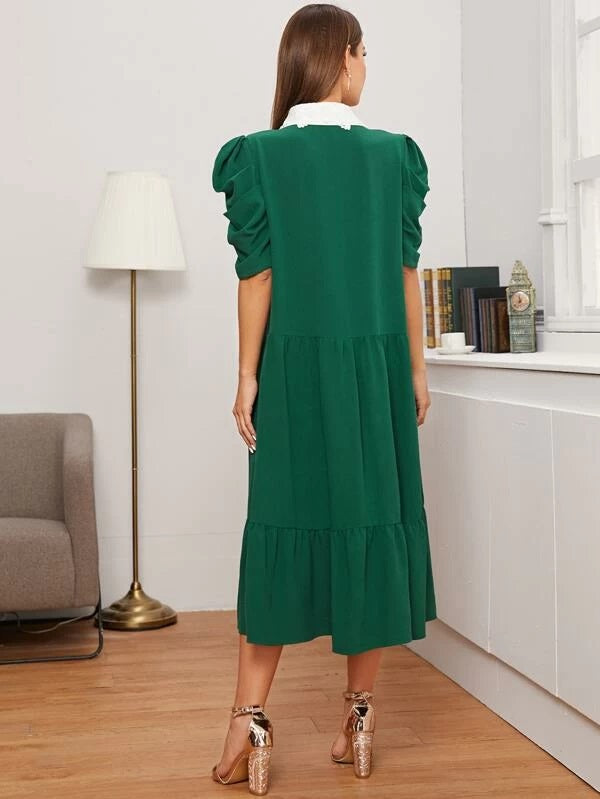 CM-DS227018 Women Casual Seoul Style Guipure Lace Collar Buttoned Front Puff Sleeve Dress - Green