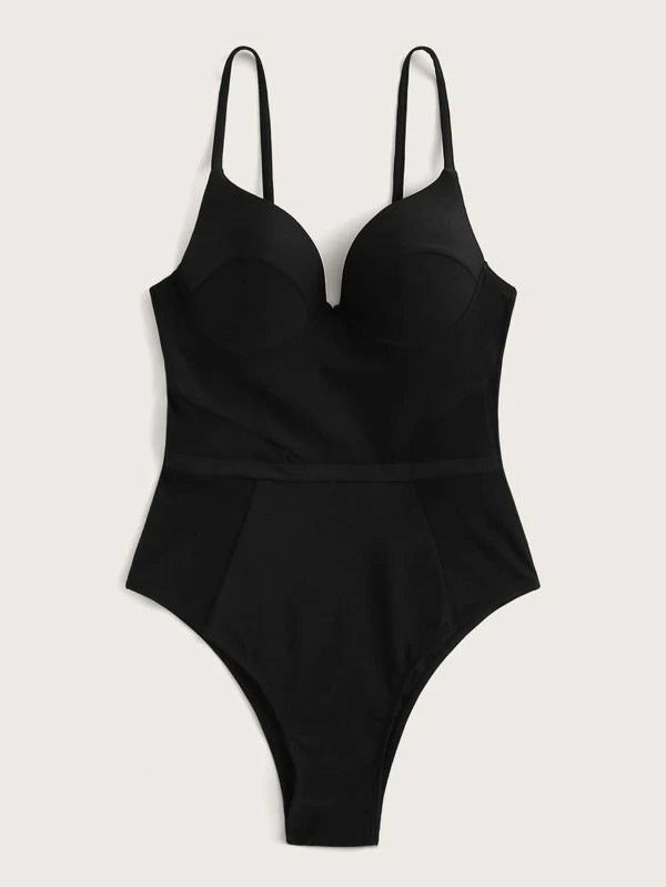 CM-SWS103662 Women Trendy Seoul Style Solid Underwire One Piece Swimsuit - Black