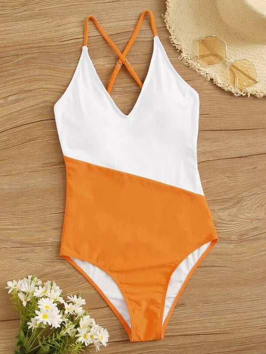 CM-SWS103477 Women Trendy Seoul Style Colorblock Criss Cross One Piece Swimsuit