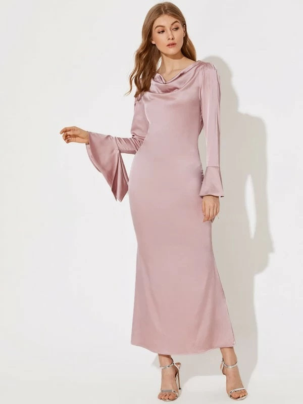 CM-DS217673 Women Elegant Seoul Style Draped Neck And Back Flounce Sleeve Satin Dress - Pink