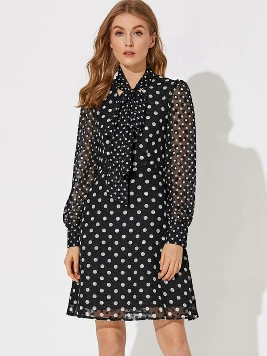CM-DS126214 Women Elegant Seoul Style Long Sleeve Premium Tie Neck Polka Dot Print Dress - Black