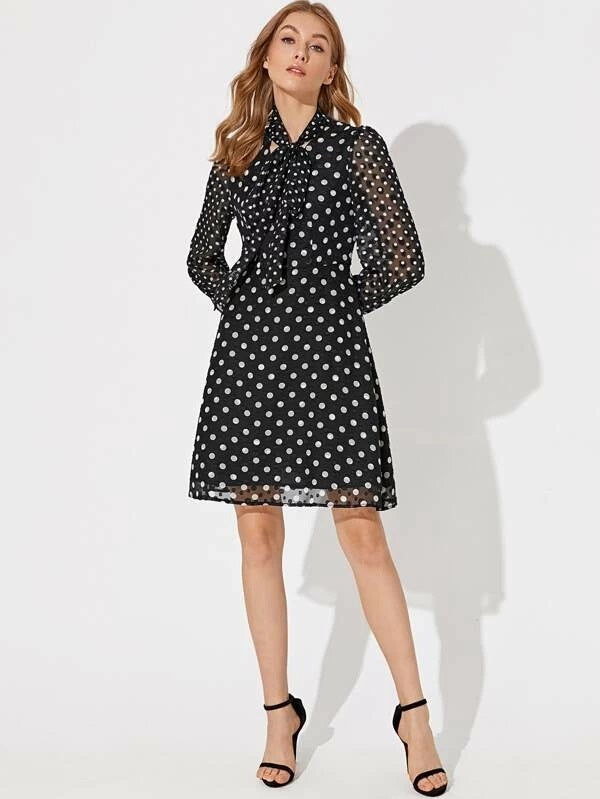 CM-DS126214 Women Elegant Seoul Style Long Sleeve Premium Tie Neck Polka Dot Print Dress - Black