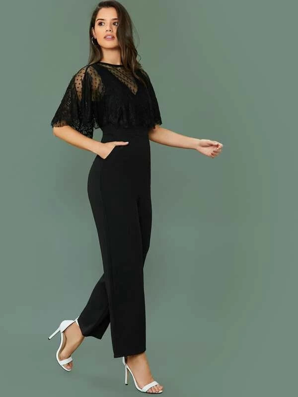 CM-JS211091 Women Elegant Seoul Style Swiss Dot Mesh Yoke Lace Trim Slant Pocket Jumpsuit - Black