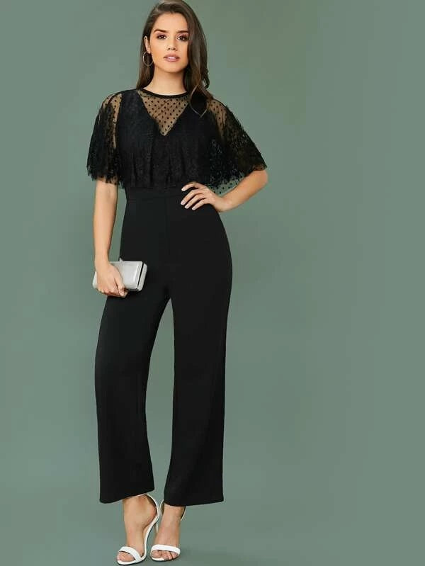 CM-JS211091 Women Elegant Seoul Style Swiss Dot Mesh Yoke Lace Trim Slant Pocket Jumpsuit - Black