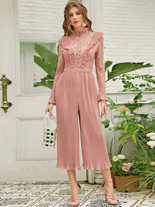 CM-JS202485 Women Elegant Seoul Style Lace Bodice Covered Button Pleated Detail Jumpsuit - Pink