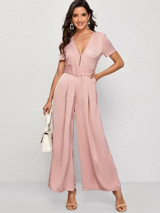 CM-JS115715 Women Elegant Seoul Style Fold Pleat Wide Leg Jumpsuit With Buckle Belt - Pink