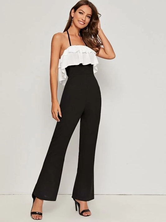 CM-JS216662 Women Elegant Seoul Style Tie Back Contrast Ruffle Flare Leg Jumpsuit - Black