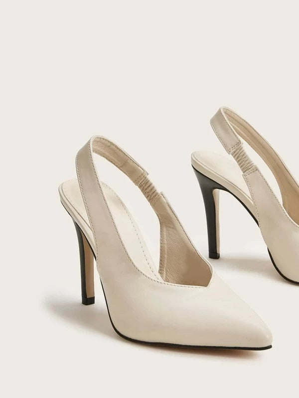 CM-SHS106805 Women Casual Seoul Style Point Toe Slingback Stiletto Heels - Beige