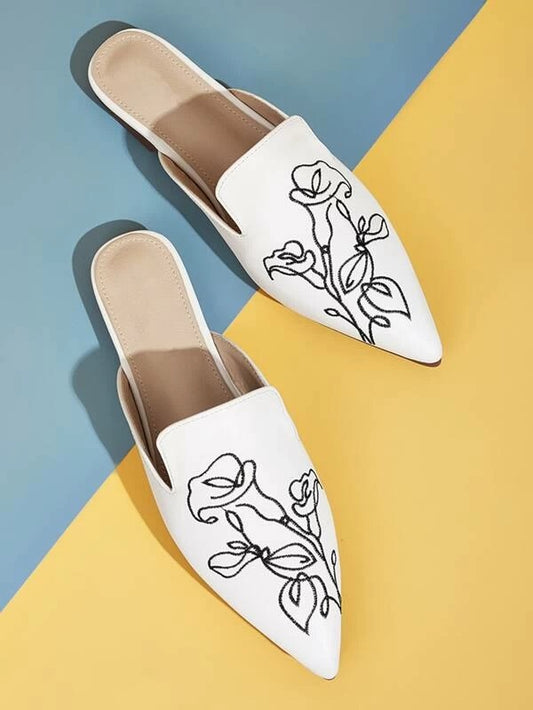 CM-SHS106232 Women Casual Seoul Style Embroidered Point Toe Flat Mules - White
