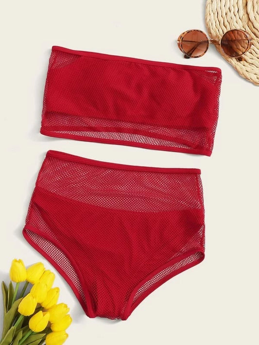 CM-SWS106375 Women Trendy Seoul Style Fishnet Overlay Bandeau With High Waist Bikini Set - Red