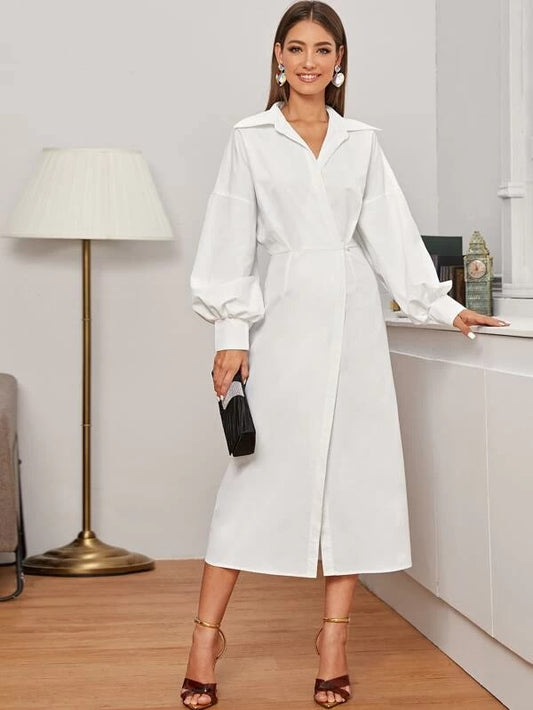 CM-DS102568 Women Casual Seoul Style Collar Drop Shoulder Lantern Sleeve Shirt Dress - White