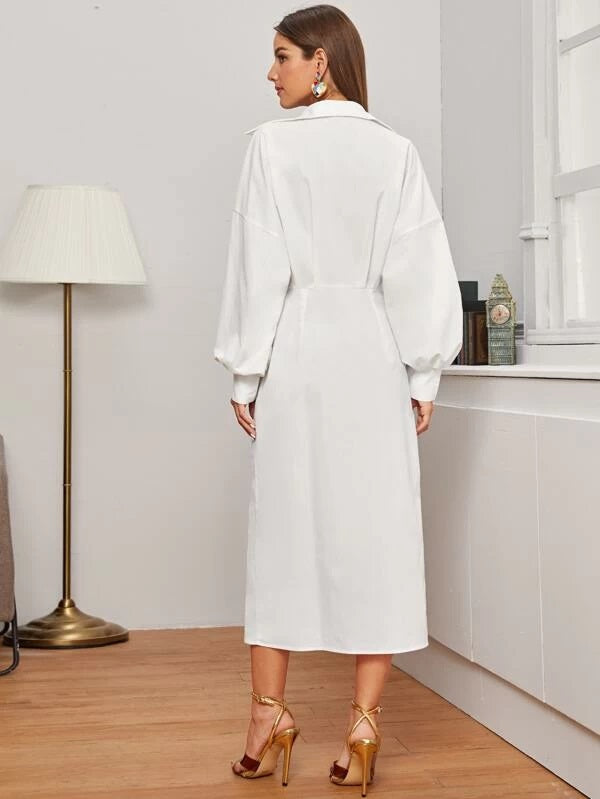 CM-DS102568 Women Casual Seoul Style Collar Drop Shoulder Lantern Sleeve Shirt Dress - White