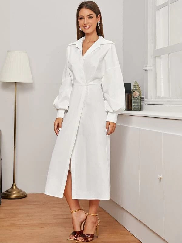 CM-DS102568 Women Casual Seoul Style Collar Drop Shoulder Lantern Sleeve Shirt Dress - White