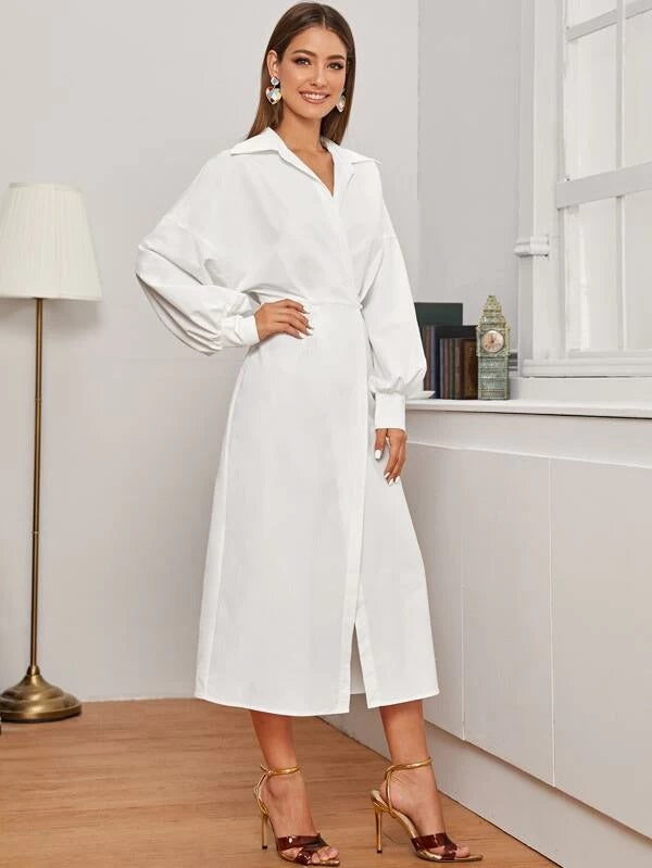CM-DS102568 Women Casual Seoul Style Collar Drop Shoulder Lantern Sleeve Shirt Dress - White