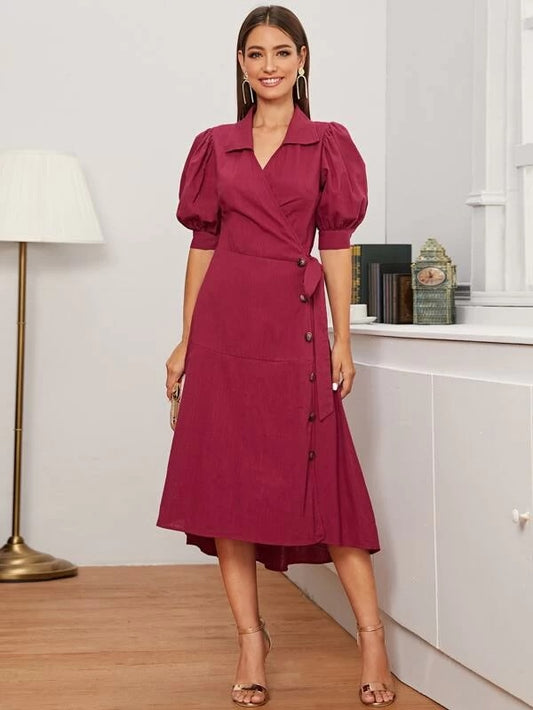 CM-DS220332 Women Casual Seoul Style Puff Sleeve Button Front Wrap Belted Dress - Wine Red