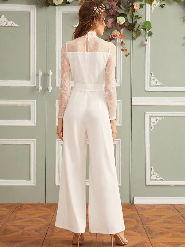 CM-JS102682 Women Elegant Seoul Style Long Sleeve Mock Neck Lace Yoke Belted Jumpsuit - White