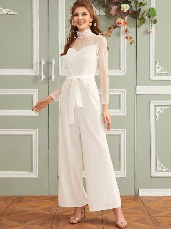 CM-JS102682 Women Elegant Seoul Style Long Sleeve Mock Neck Lace Yoke Belted Jumpsuit - White