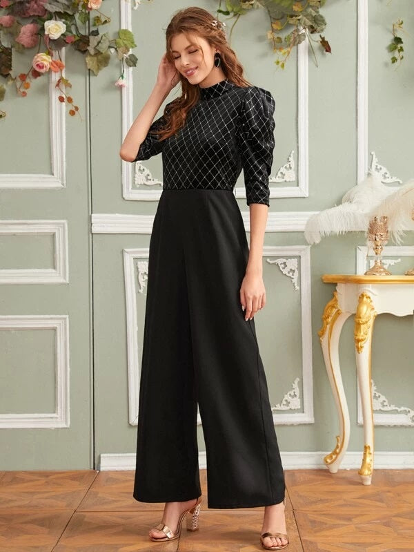 CM-JS212754 Women Elegant Seoul Style Gigot Sleeve Glitter Plaid Velvet Bodice Palazzo Jumpsuit - Black