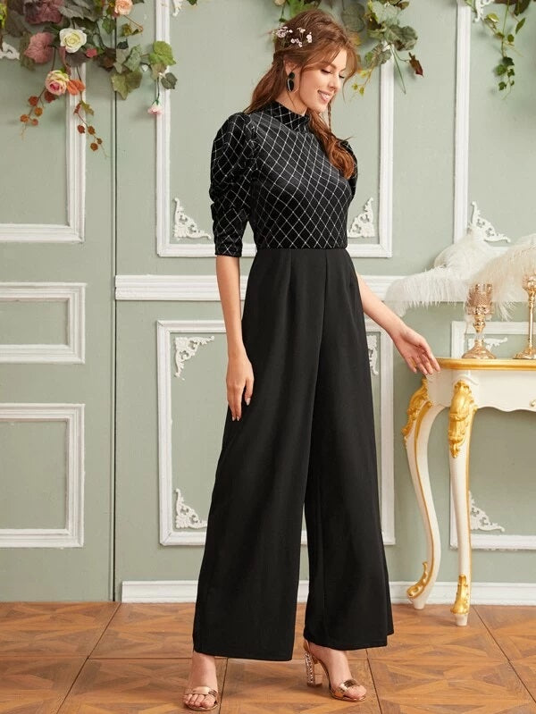 CM-JS212754 Women Elegant Seoul Style Gigot Sleeve Glitter Plaid Velvet Bodice Palazzo Jumpsuit - Black