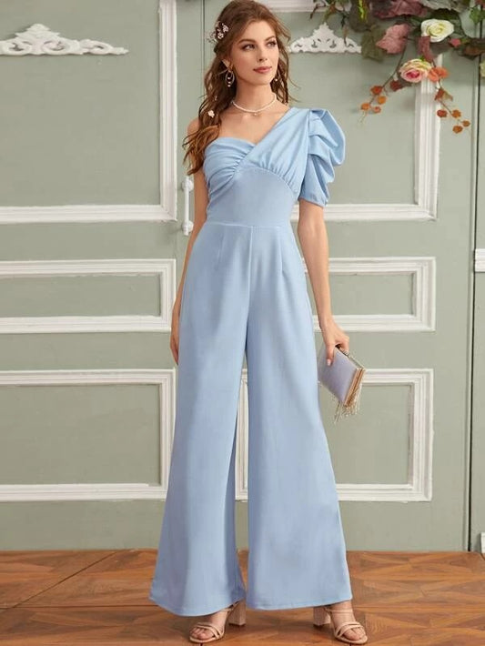 CM-JS216703 Women Elegant Seoul Style One Shoulder Puff Sleeve Wide Leg Jumpsuit - Blue