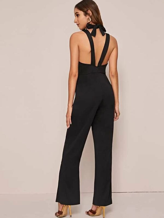 CM-JS223401 Women Casual Seoul Style Halter Tie Back Solid Sleeveless Long Jumpsuit - Black