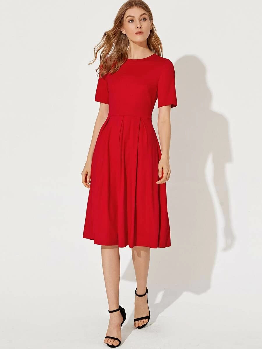 CM-DS202368 Women Casual Seoul Style Round Neck Short Sleeve Fit And Flare Solid Dress - Red